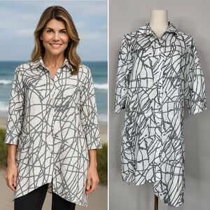 Chalet et Cecil Linen Abstract Print Asymmetrical Tunic Overshirt S Coastal Boho